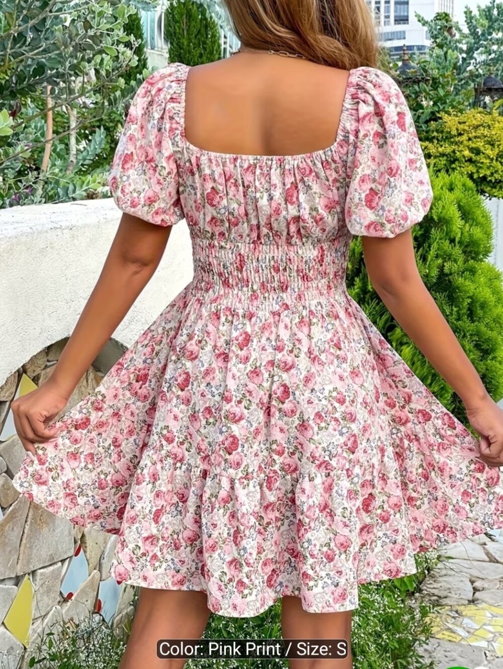 Women's Summer Dresses Square Neck Short Sleeve Waisted Elegant Dresses - Picture 4 of 6